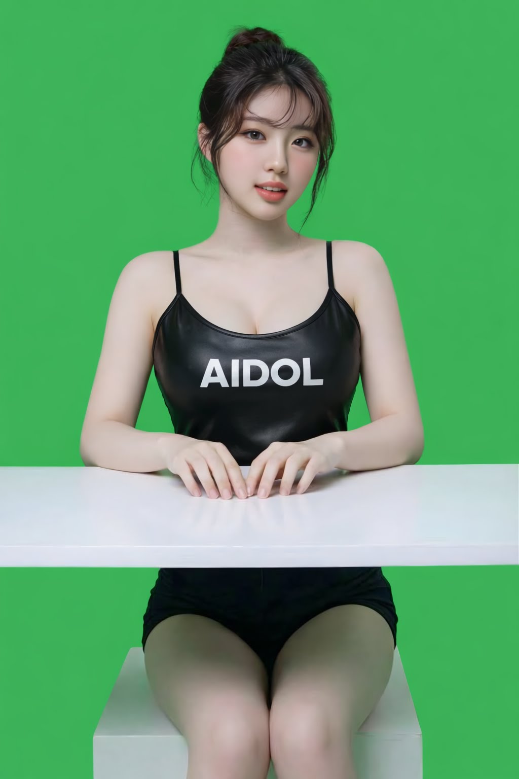 Mẫu ngồi bàn livestream trên nền xanh lá