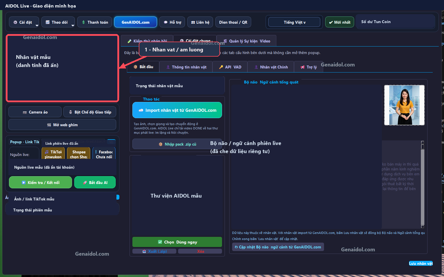 Mũi tên chỉ khu vực nhân vật và âm lượng AIDOL Live